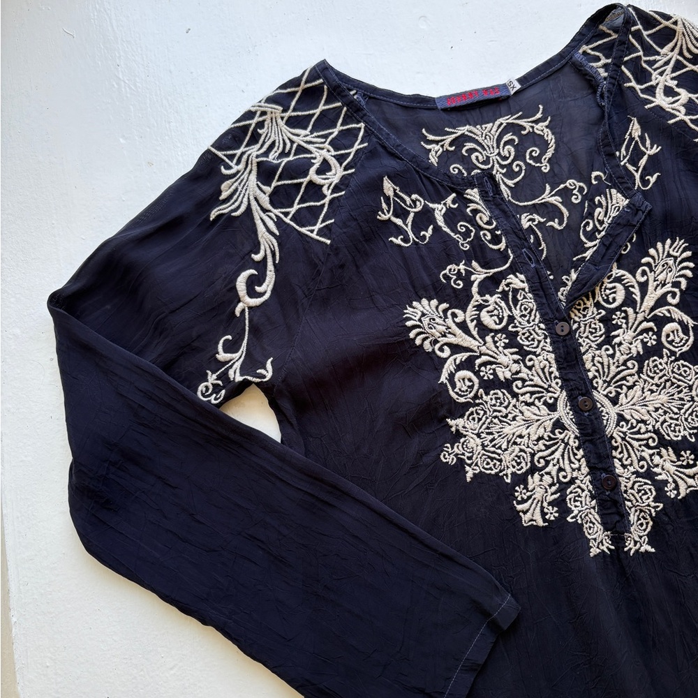 Johnny Was Black and Cream Embroidered Long Sleeve Blouse